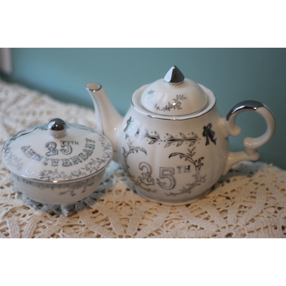 Vintage Lefton 25th Anniversary Musical Tea Pot and Footed Sugar Bowl